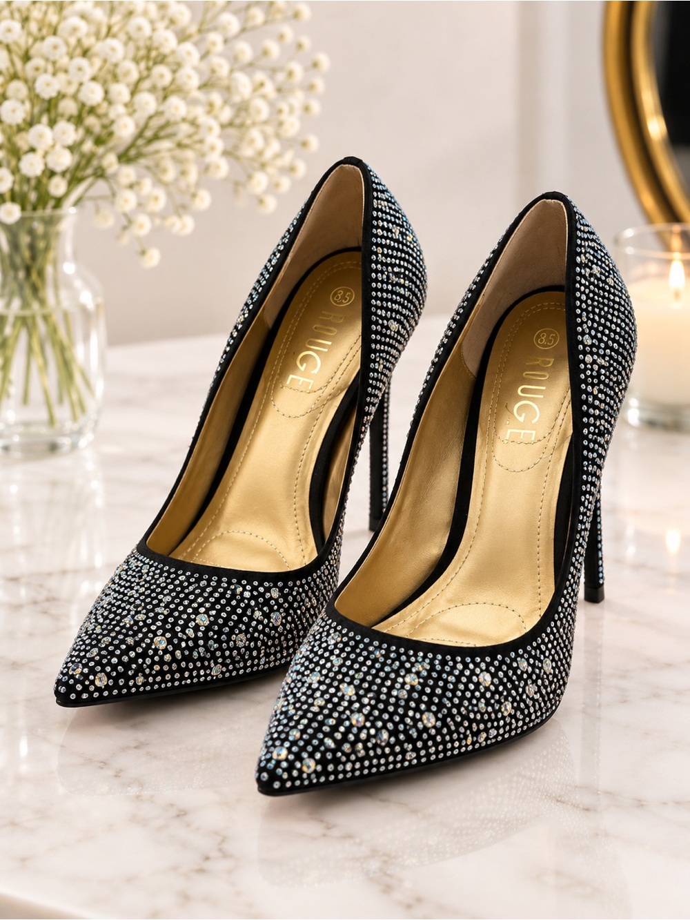 Rouge Helium Black Rhinestone Pointed Toe Stiletto Heels Pumps 8.5